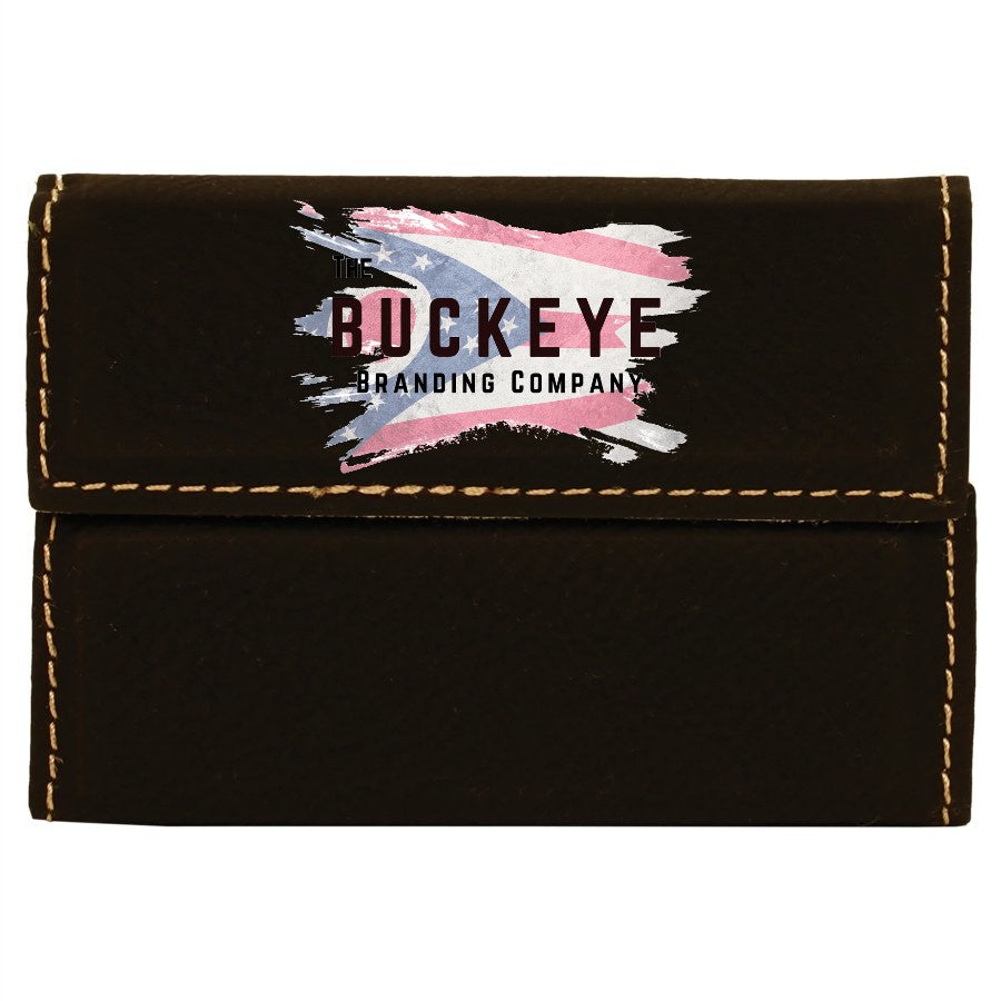 Leatherette business card holder in Black/Gold, UV printed with a full-color sample logo