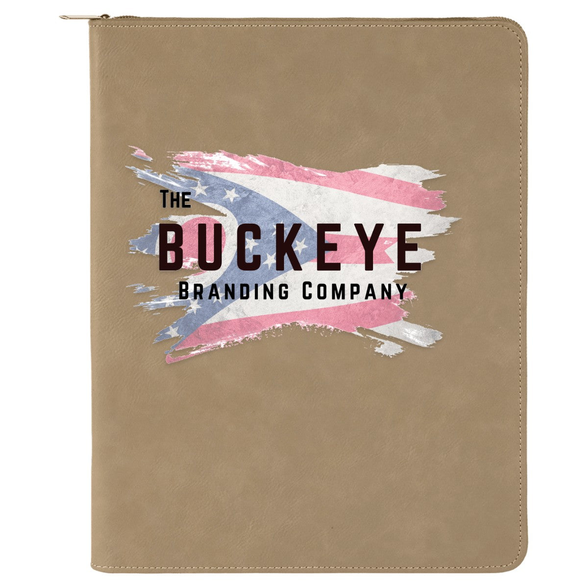 Leatherette zipper portfolio in Light Brown, UV printed with a full-color sample logo