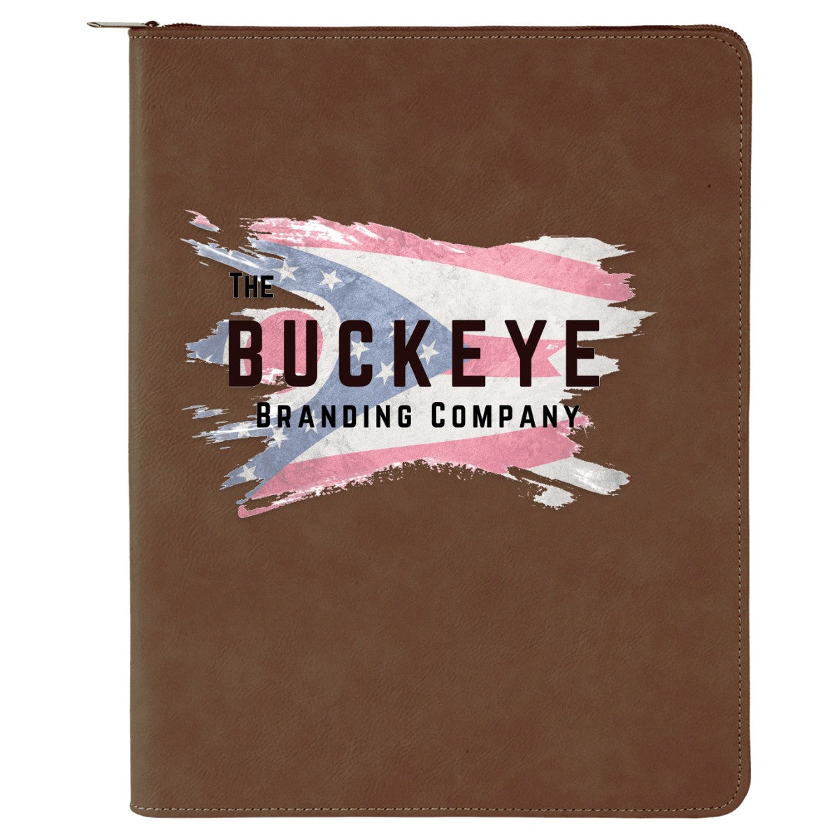 Leatherette zipper portfolio in Dark Brown, UV printed with a full-color sample logo