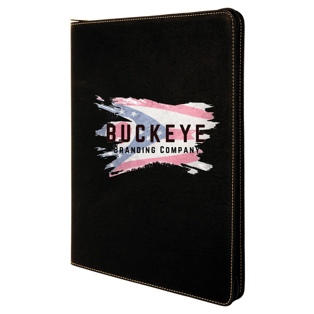 Leatherette zipper portfolio in Black/Gold, UV printed with a full-color sample logo