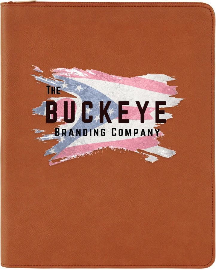 Leatherette zipper portfolio in Rawhide, UV printed with a full-color sample logo