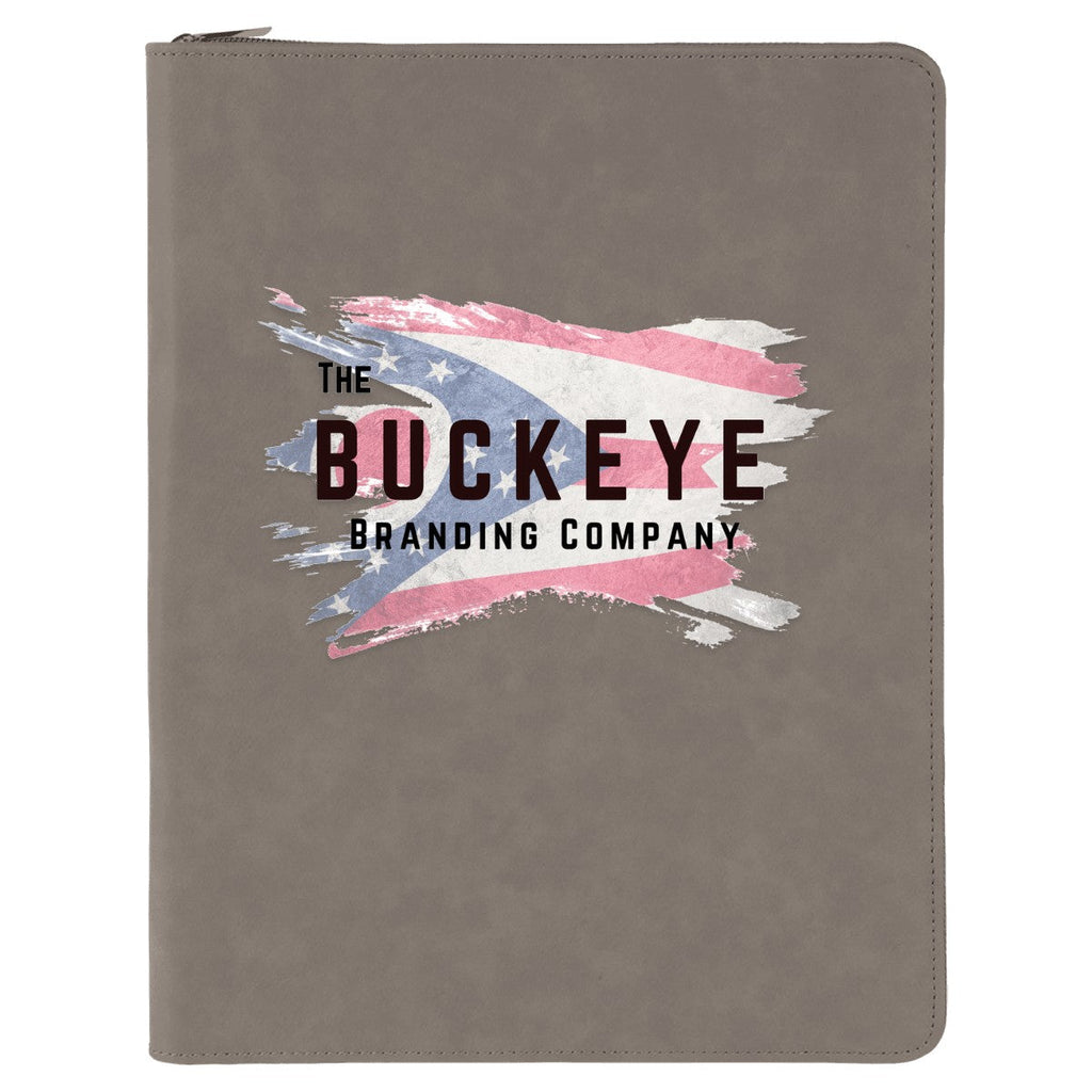 Leatherette zipper portfolio in Gray, UV printed with a full-color sample logo