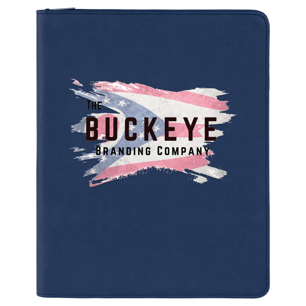 Leatherette zipper portfolio in Blue/Black, UV printed with a full-color sample logo
