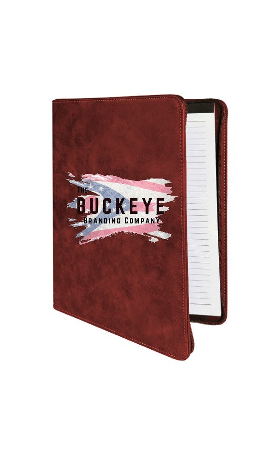 Leatherette zipper portfolio in Rose, UV printed with a full-color sample logo