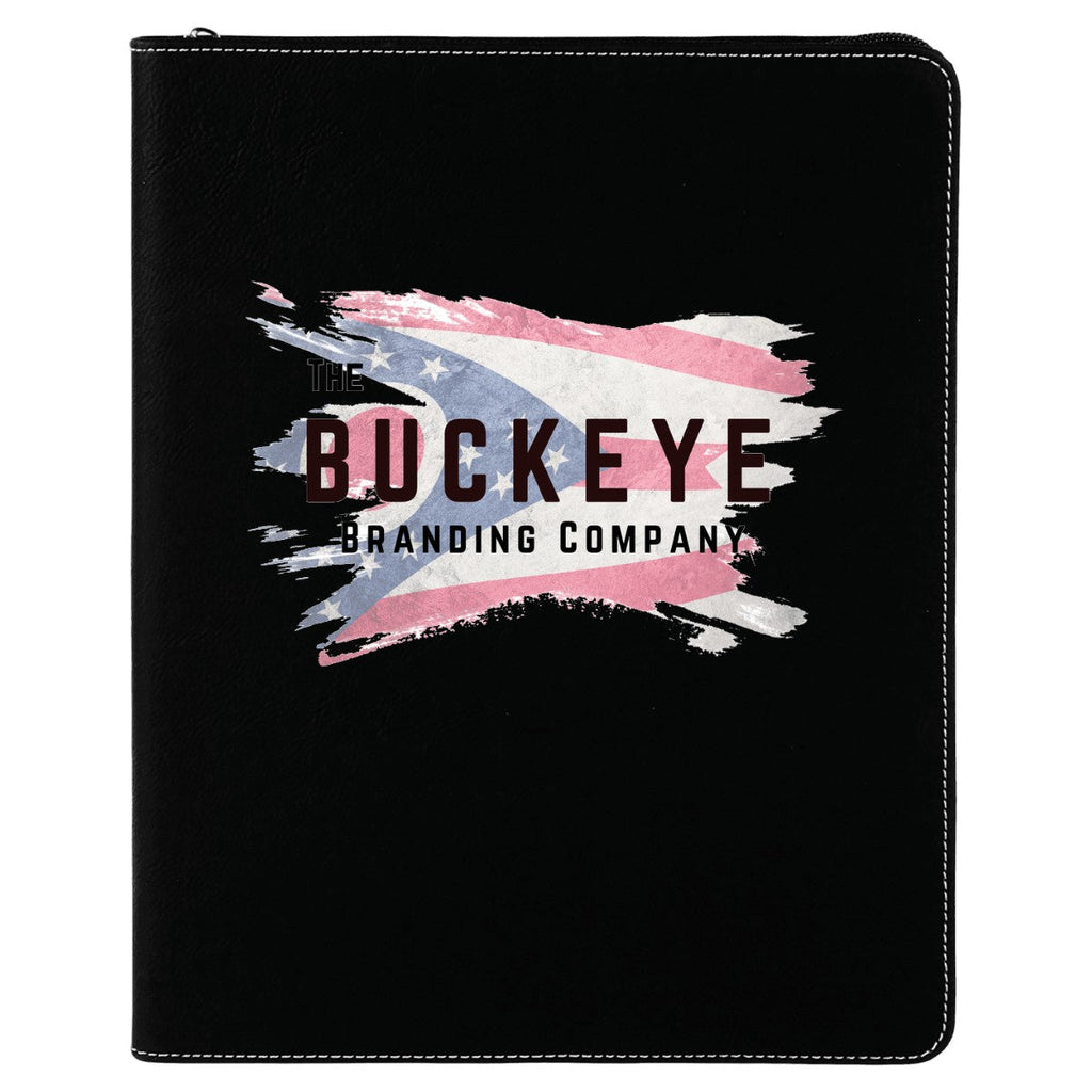 Leatherette zipper portfolio in Black/Silver, UV printed with a full-color sample logo