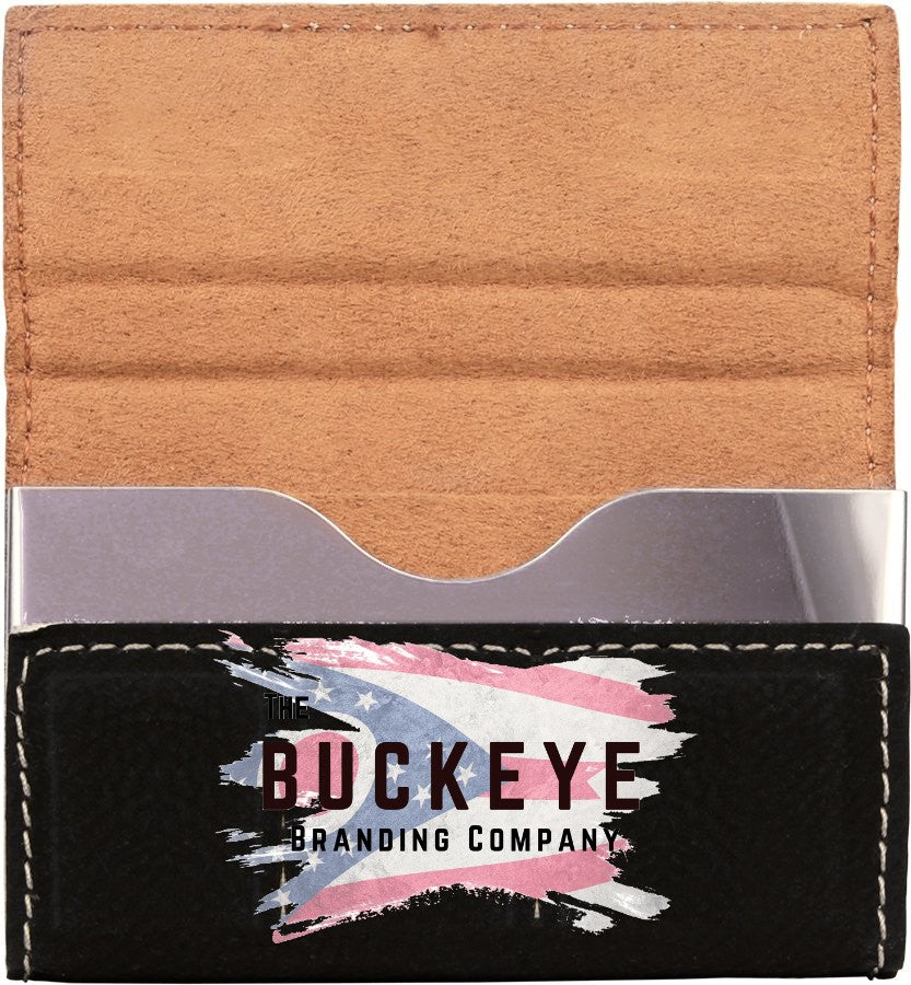 Leatherette business card holder in Black/Silver, UV printed with a full-color sample logo