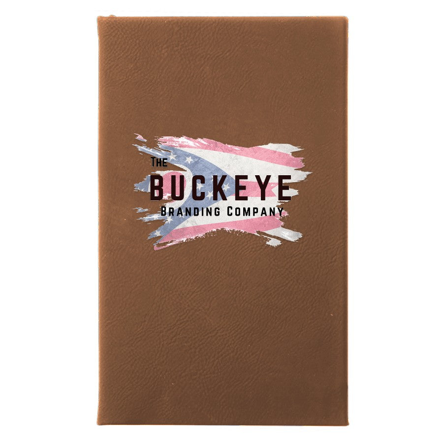 Leatherette journal in Dark Brown, UV printed with a full-color sample logo