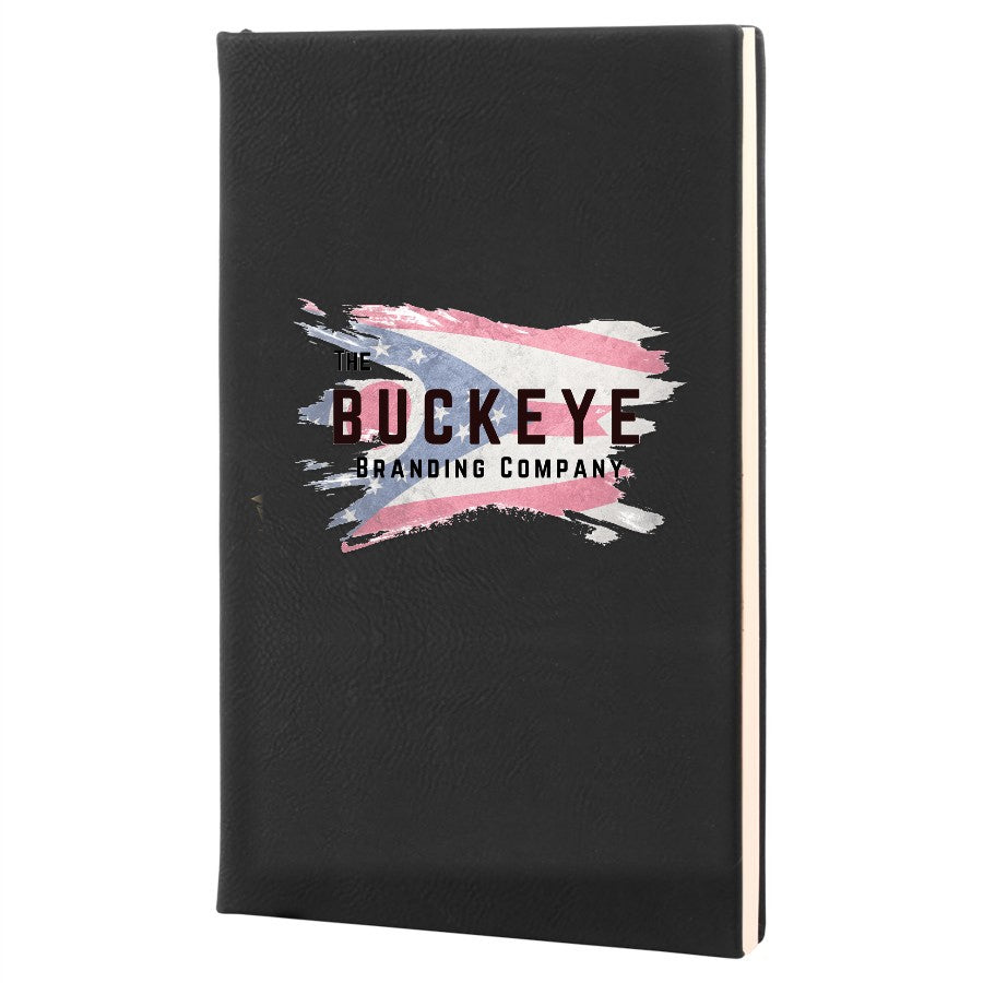 Leatherette journal in Black/Gold, UV printed with a full-color sample logo