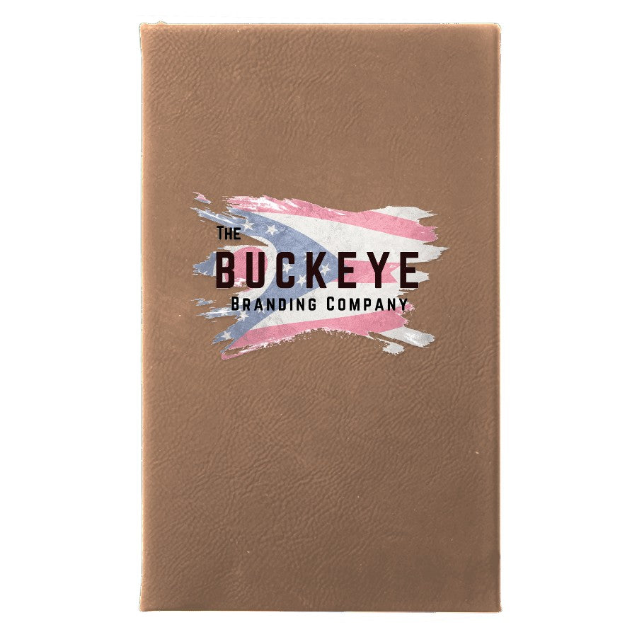 Leatherette journal in Rustic/Gold, UV printed with a full-color sample logo