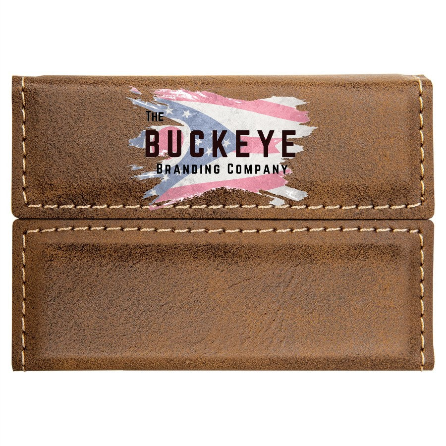 Leatherette business card holder in Rustic/Gold, UV printed with a full-color sample logo