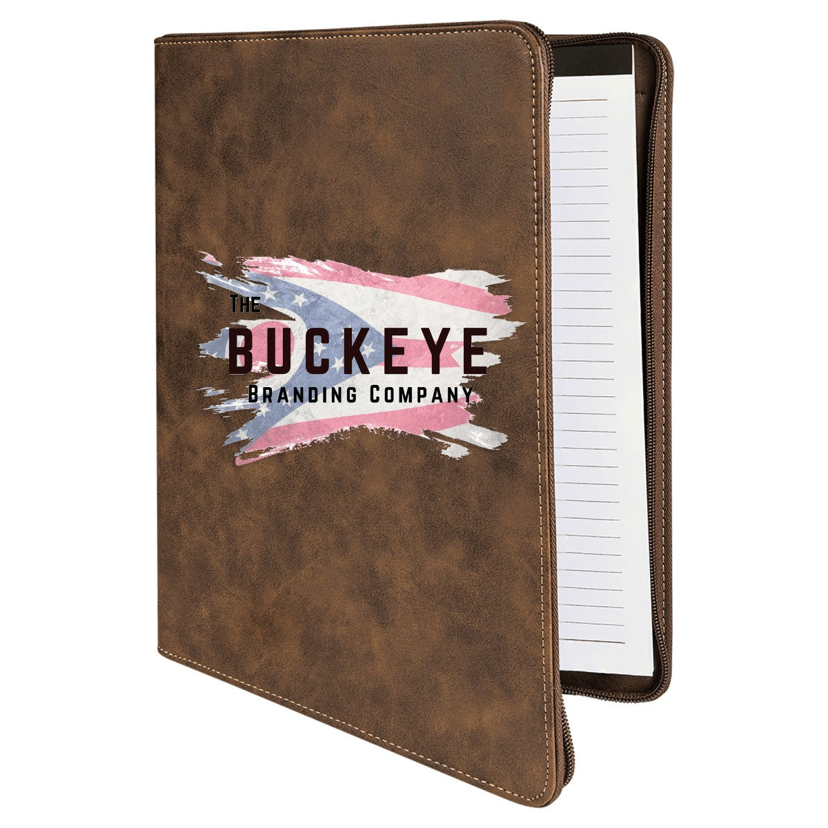 Leatherette zipper portfolio in Rustic/Gold, UV printed with a full-color sample logo