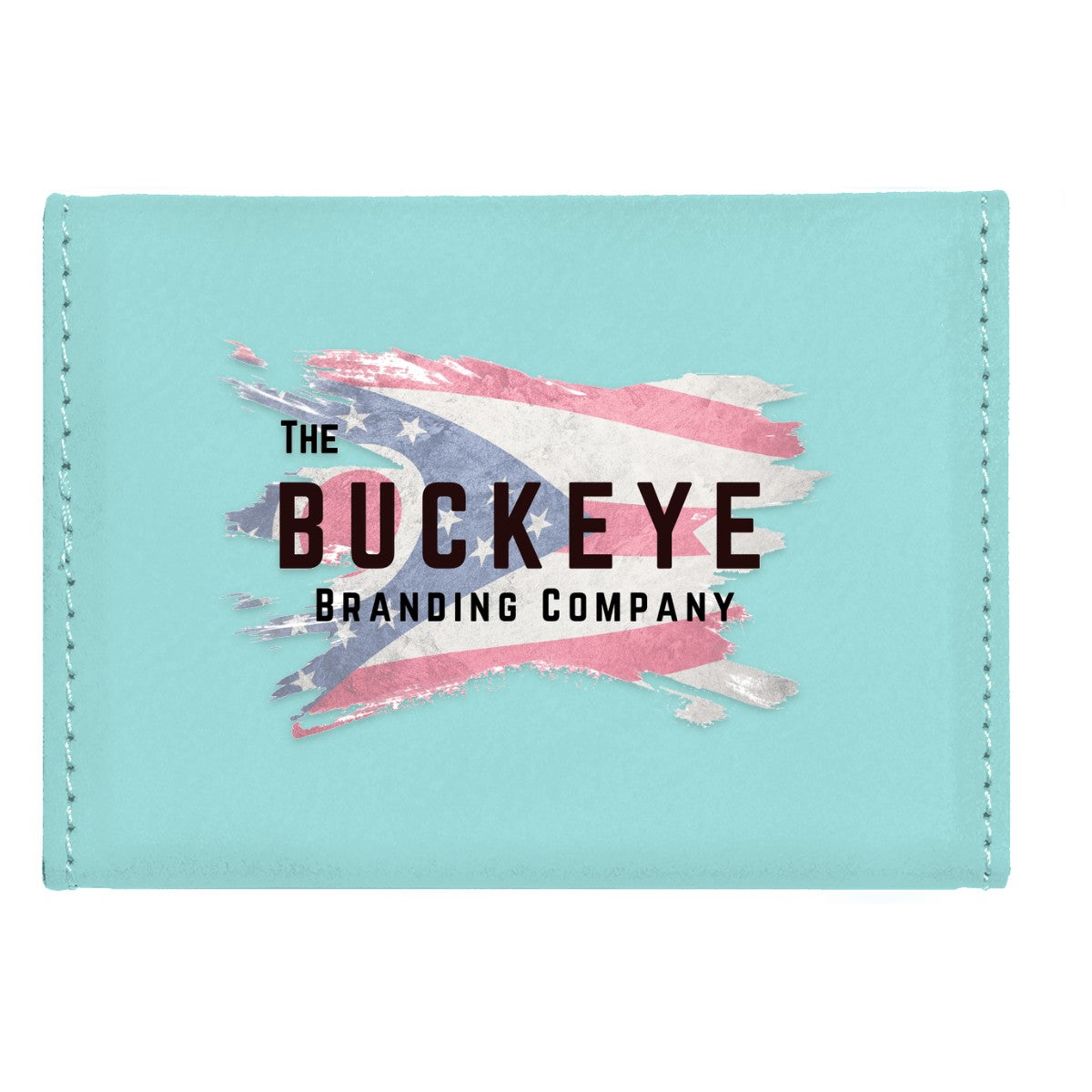 Leatherette business card holder in Teal, UV printed with a full-color sample logo