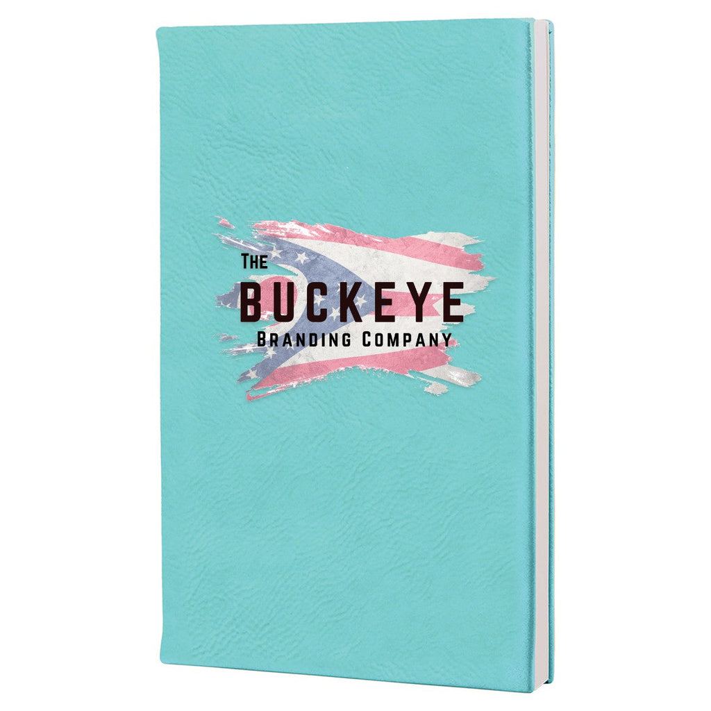 Leatherette journal in Teal, UV printed with a full-color sample logo
