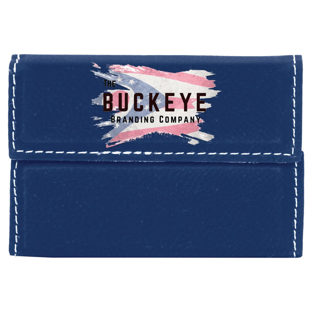 Leatherette business card holder in Blue/Silver, UV printed with a full-color sample logo