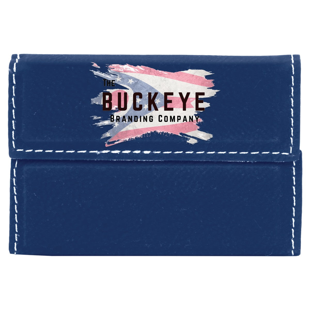 Leatherette business card holder in Blue/Silver, UV printed with a full-color sample logo
