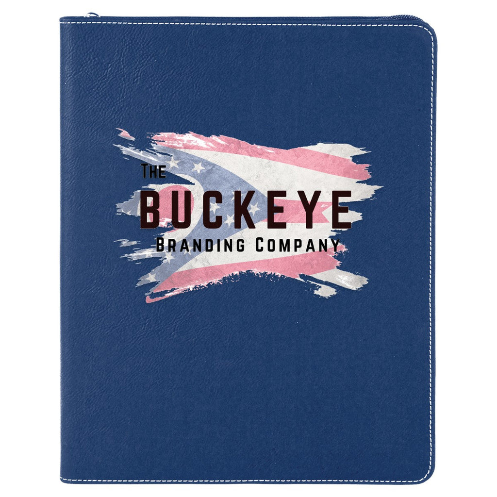 Leatherette zipper portfolio in Blue/Silver, UV printed with a full-color sample logo