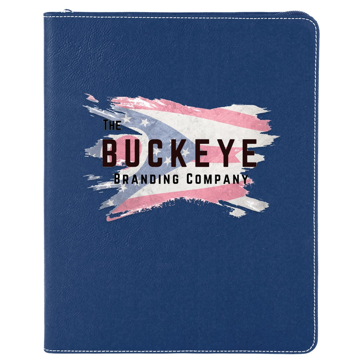 Leatherette zipper portfolio in Blue/Silver, UV printed with a full-color sample logo