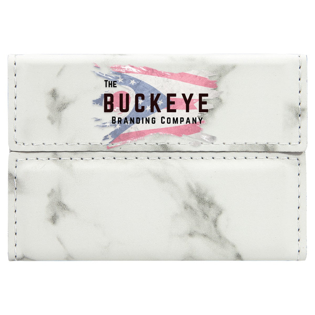 Leatherette business card holder in White Marble, UV printed with a full-color sample logo