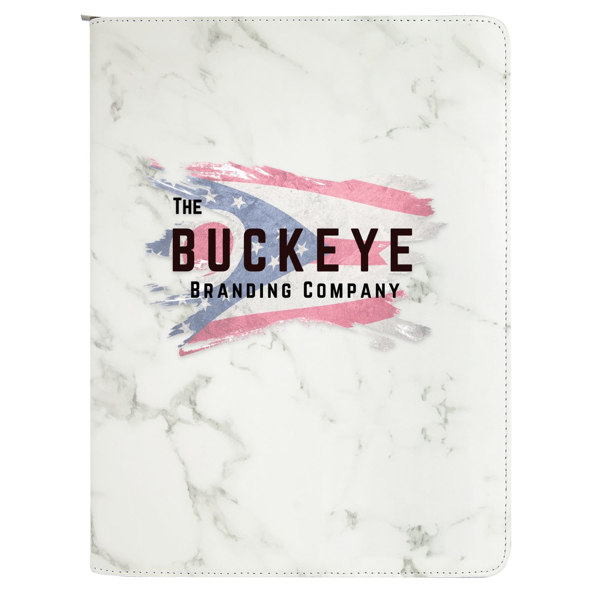 Leatherette zipper portfolio in White Marble, UV printed with a full-color sample logo