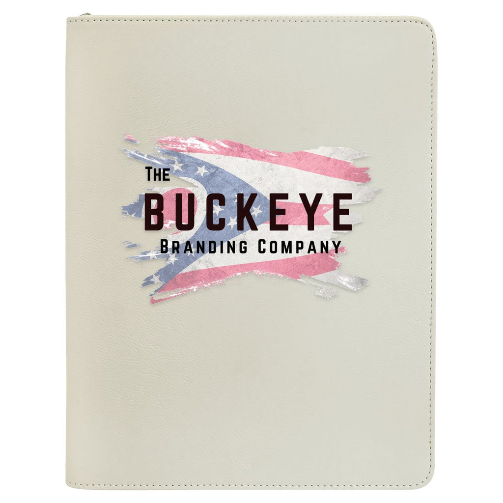 Leatherette zipper portfolio in White, UV printed with a full-color sample logo
