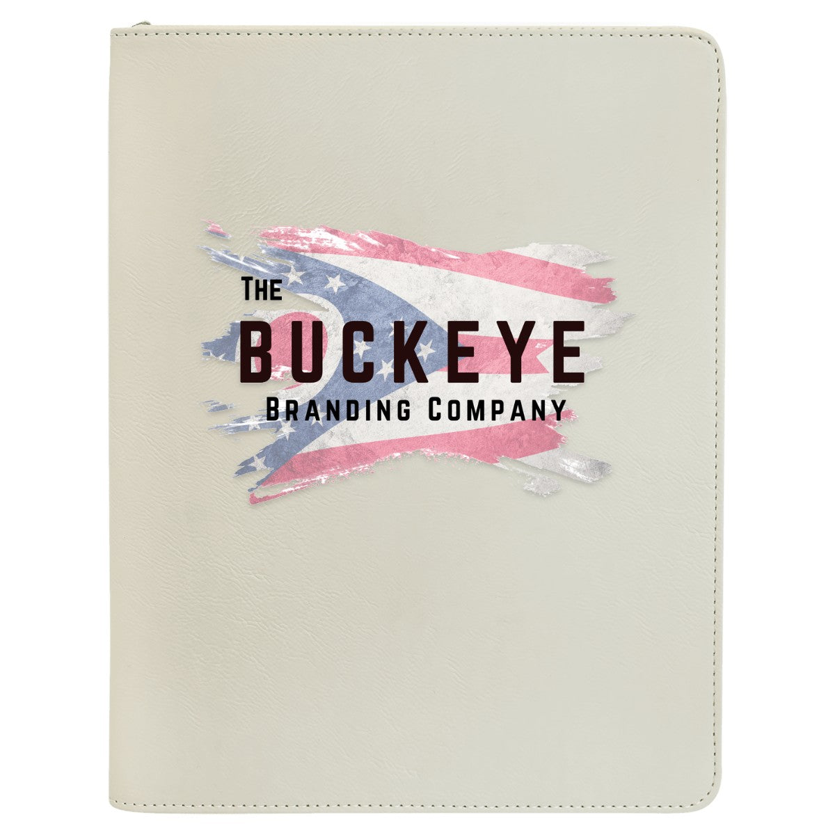 Leatherette zipper portfolio in White, UV printed with a full-color sample logo