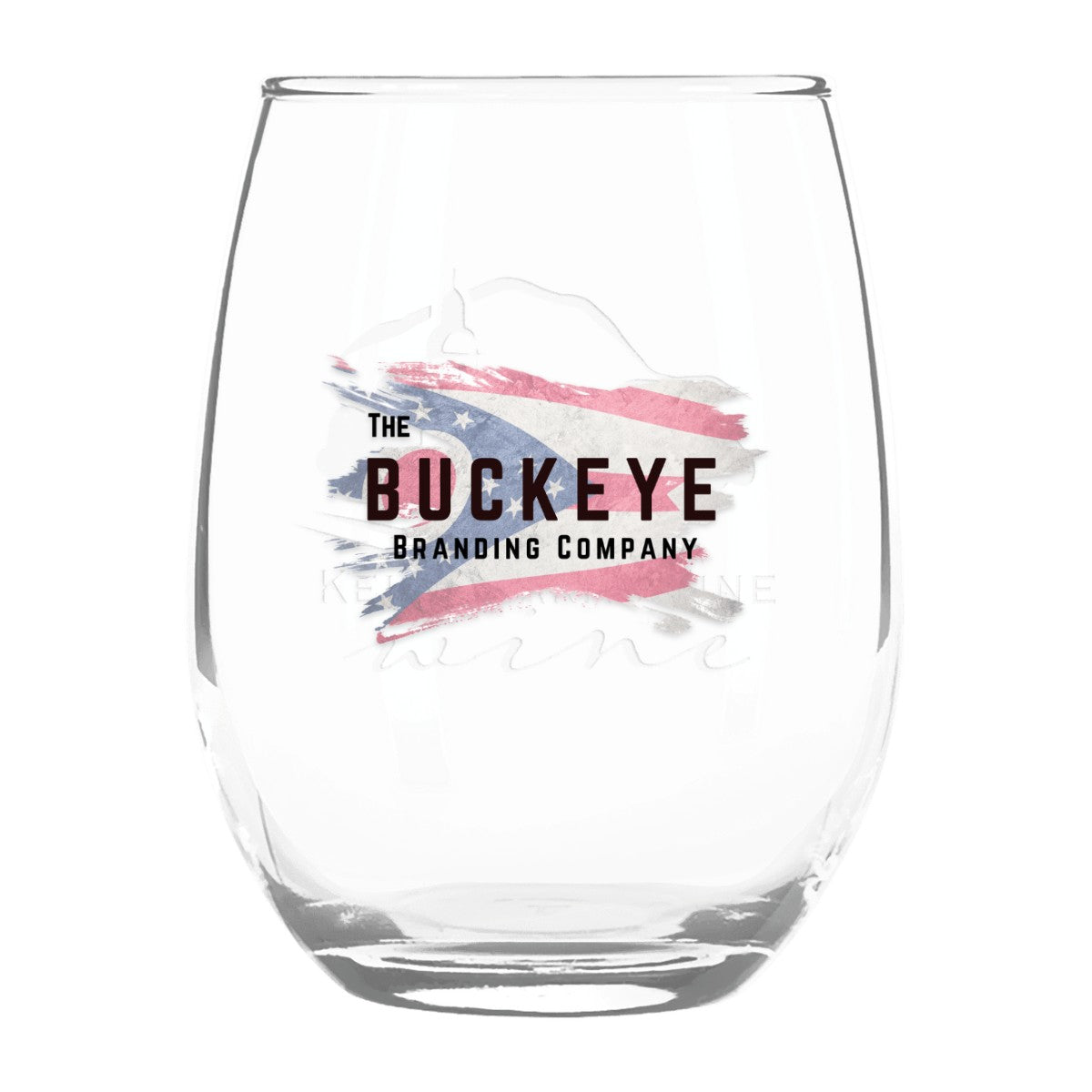 9 oz. stemless wine glass, UV printed with a full-color sample logo