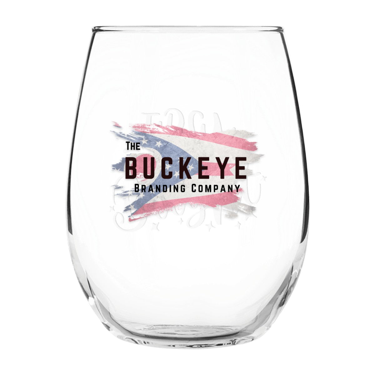 15 oz. stemless wine glass, UV printed with a full-color sample logo