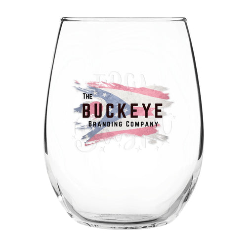 15 oz. stemless wine glass, UV printed with a full-color sample logo