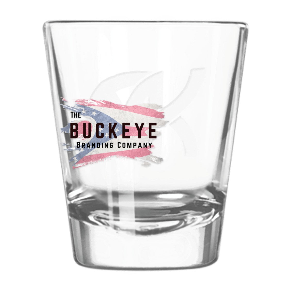 1.75 oz. whiskey shot glass, UV printed with a full-color sample logo