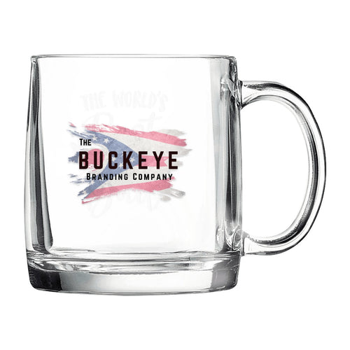13 oz. warm beverage glass mug, UV printed with a full-color sample logo