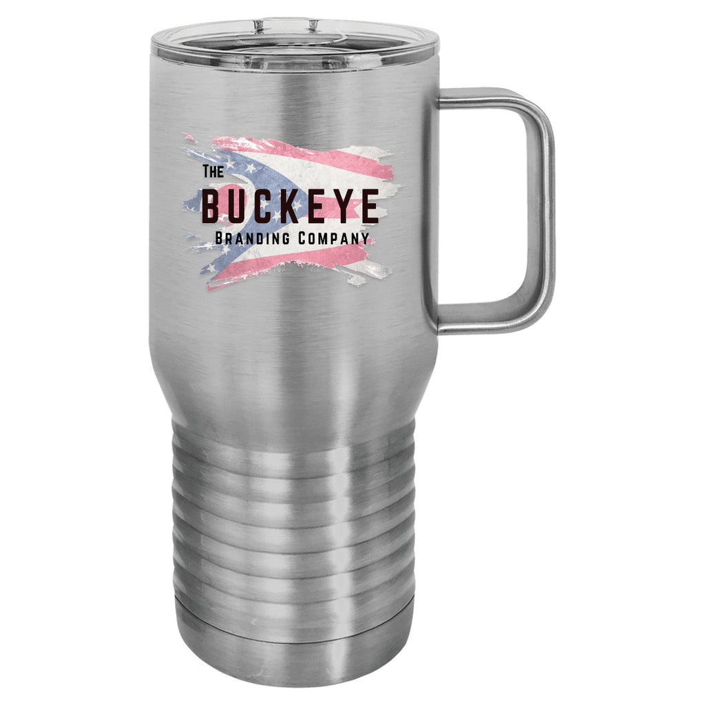 20 oz. insulated coffee travel mug in Stainless Steel, UV printed with a full-color sample logo