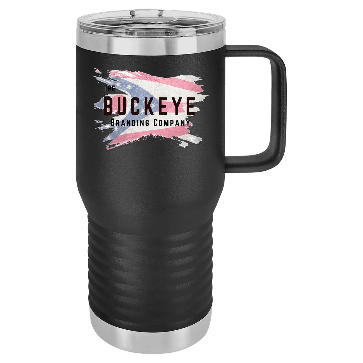 20 oz. insulated coffee travel mug in Black, UV printed with a full-color sample logo