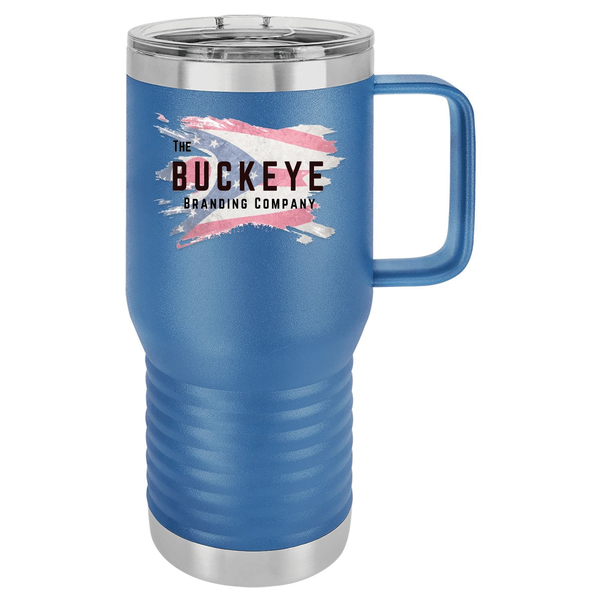 20 oz. insulated coffee travel mug in Royal Blue, UV printed with a full-color sample logo