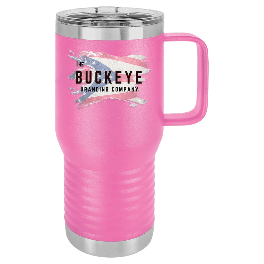 20 oz. insulated coffee travel mug in Pink, UV printed with a full-color sample logo