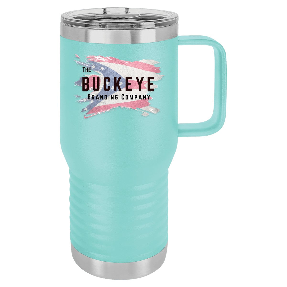 20 oz. insulated coffee travel mug in Teal, UV printed with a full-color sample logo