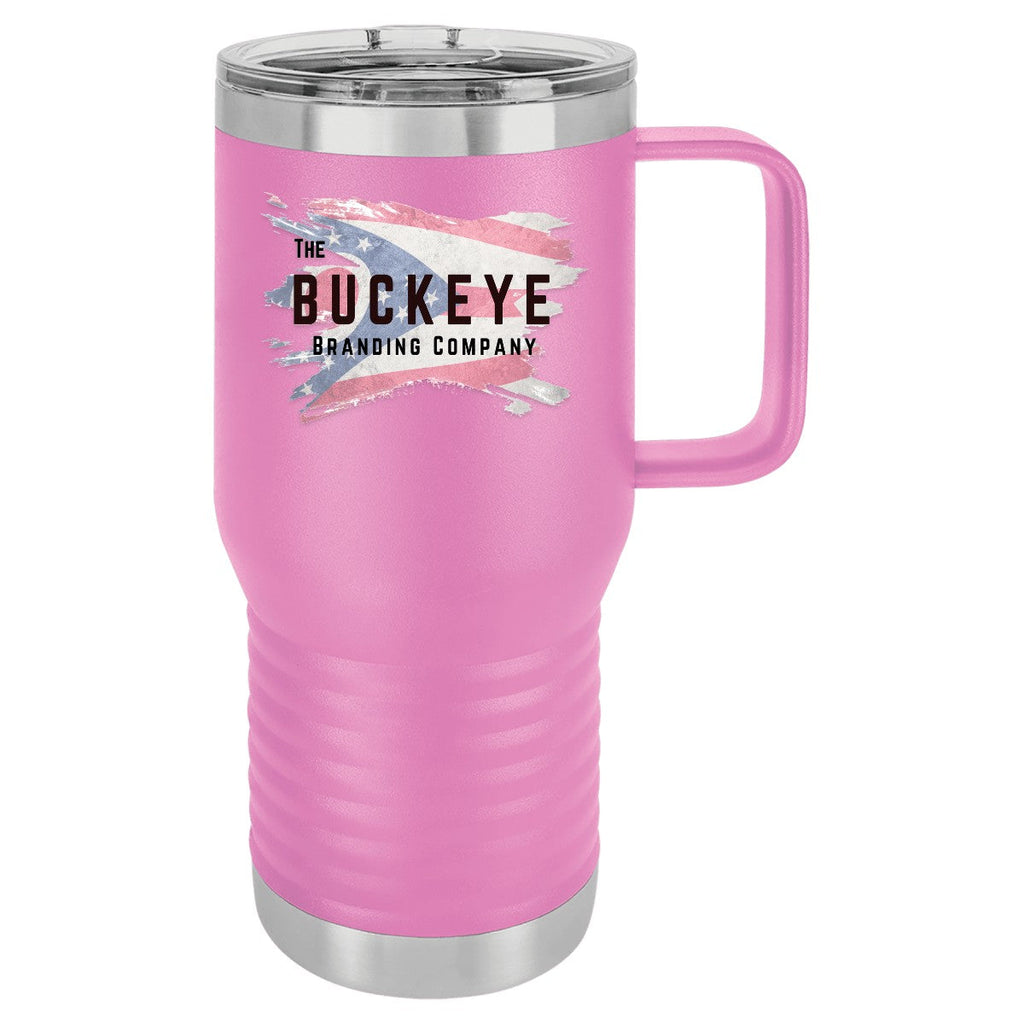 20 oz. insulated coffee travel mug in Light Purple, UV printed with a full-color sample logo