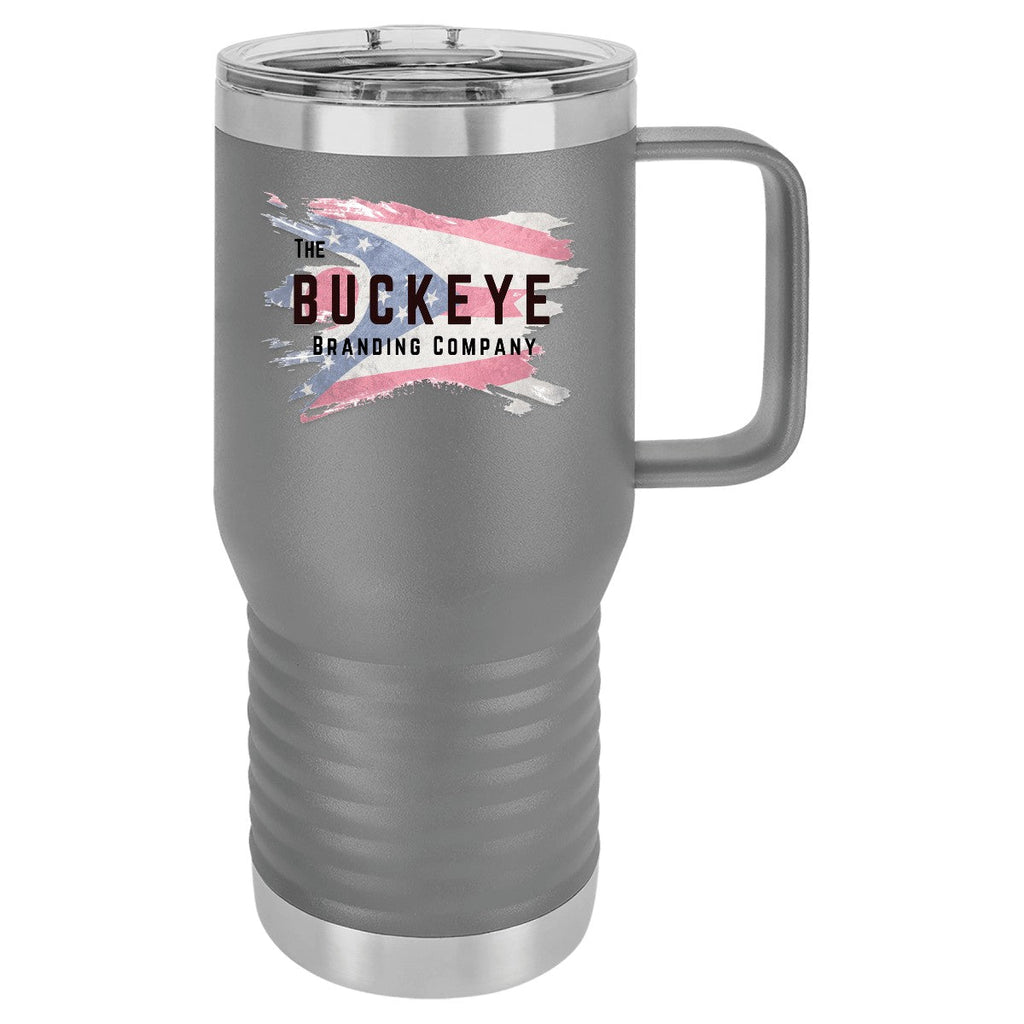 20 oz. insulated coffee travel mug in Dark Gray, UV printed with a full-color sample logo