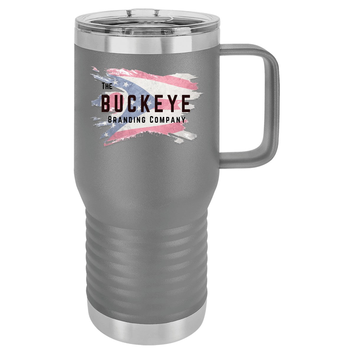 20 oz. insulated coffee travel mug in Dark Gray, UV printed with a full-color sample logo