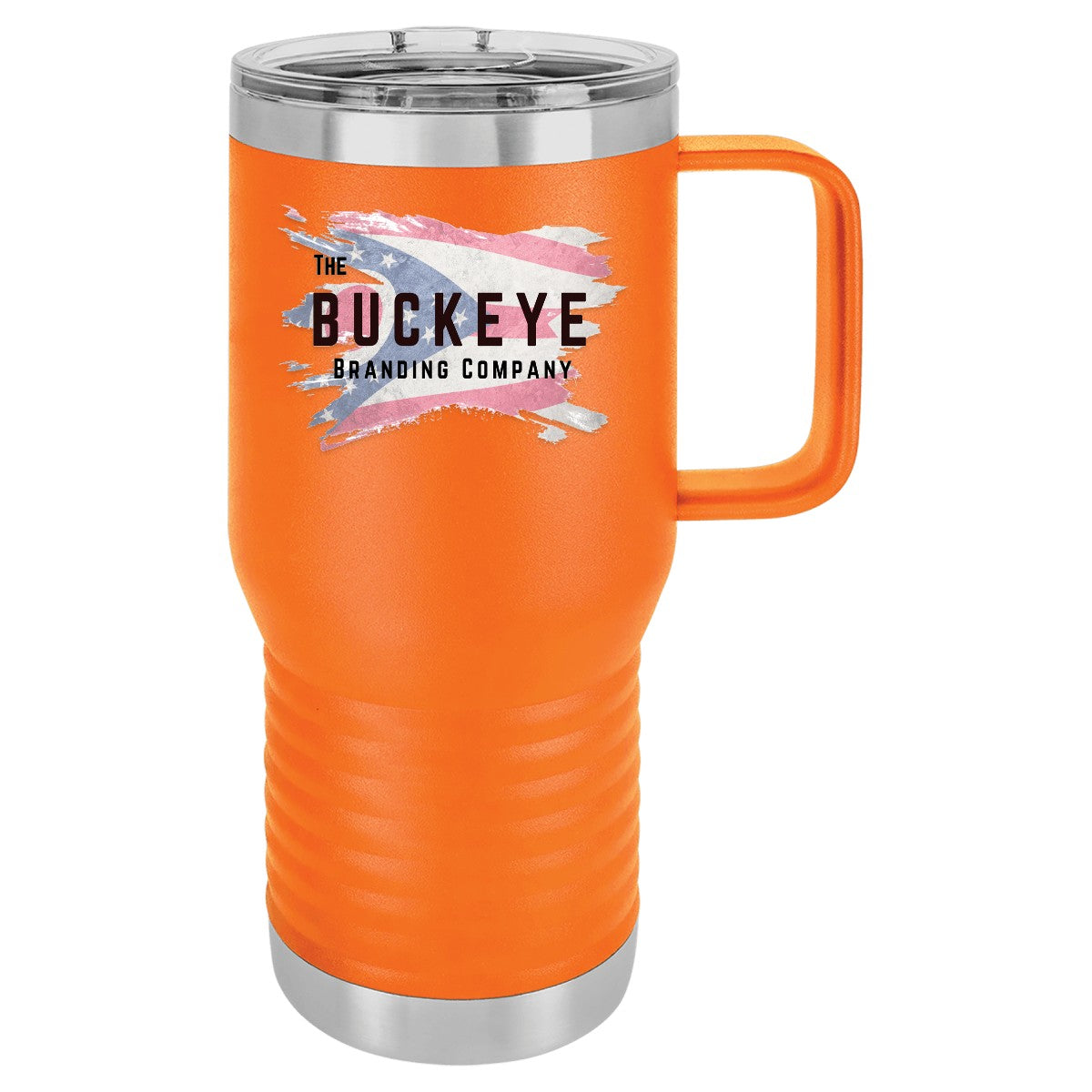20 oz. insulated coffee travel mug in Orange, UV printed with a full-color sample logo