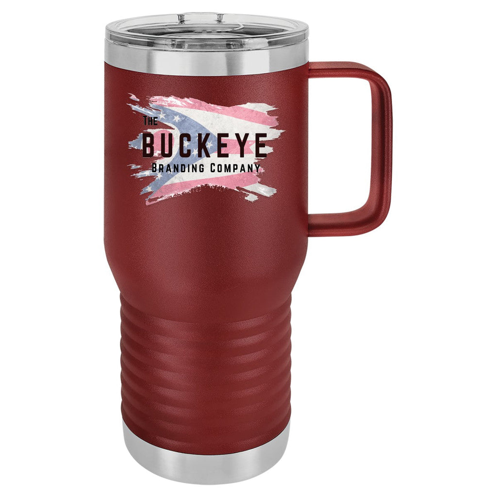 20 oz. insulated coffee travel mug in Maroon, UV printed with a full-color sample logo