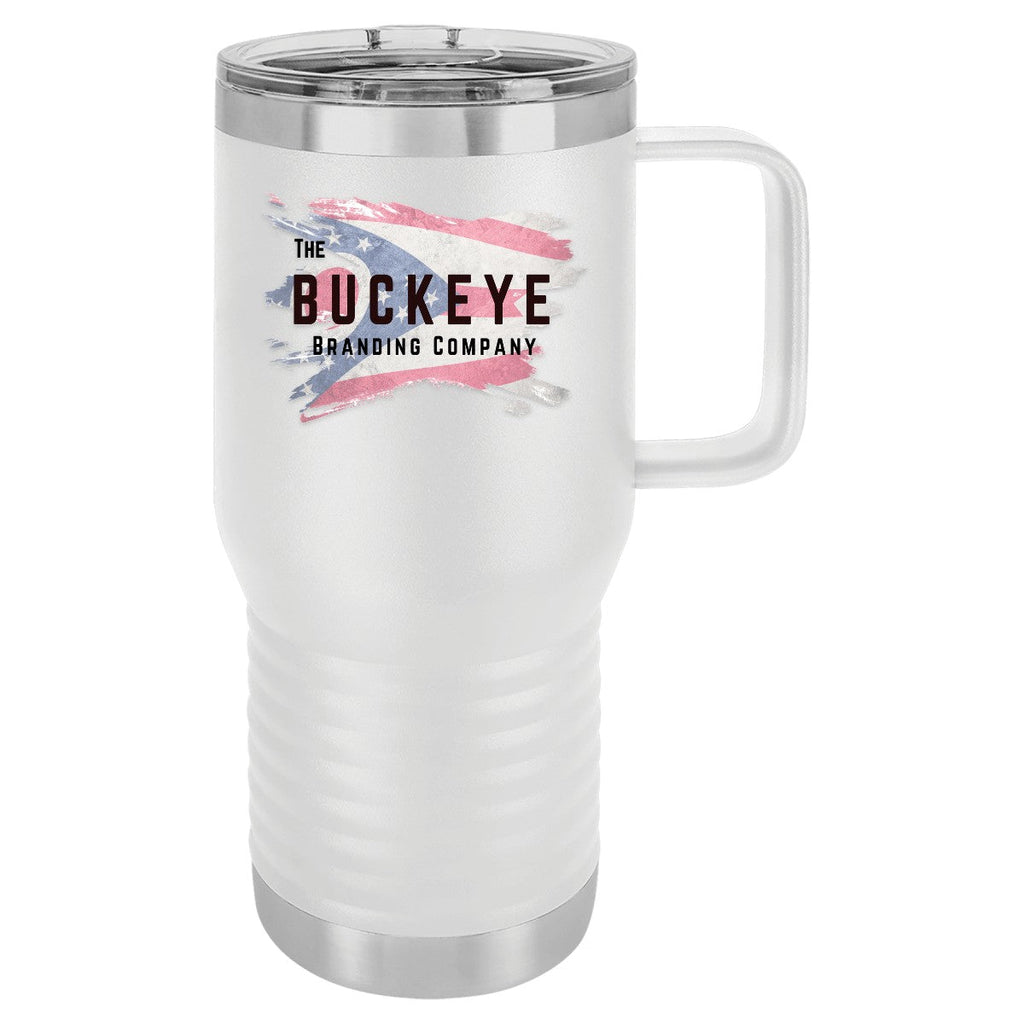 20 oz. insulated coffee travel mug in White, UV printed with a full-color sample logo