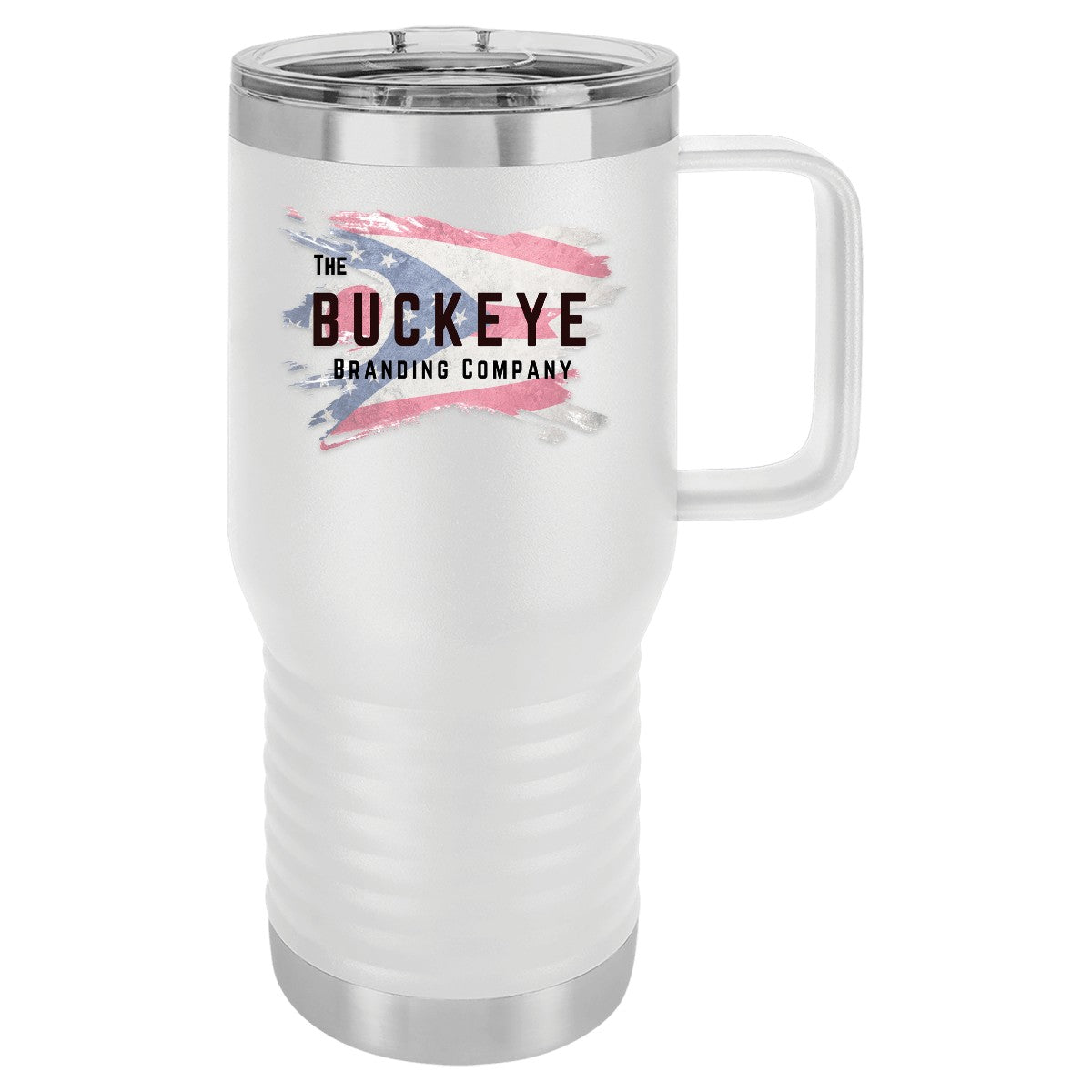 20 oz. insulated coffee travel mug in White, UV printed with a full-color sample logo