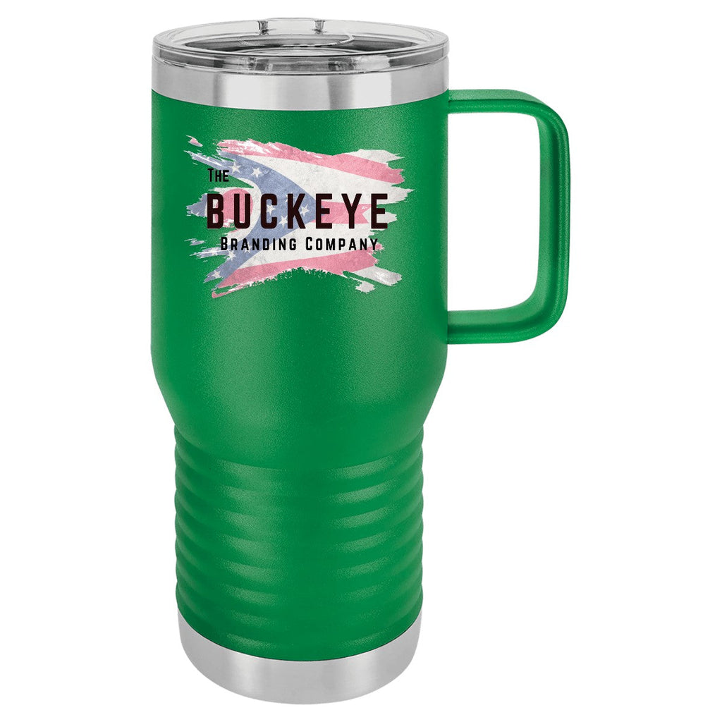 20 oz. insulated coffee travel mug in Green, UV printed with a full-color sample logo