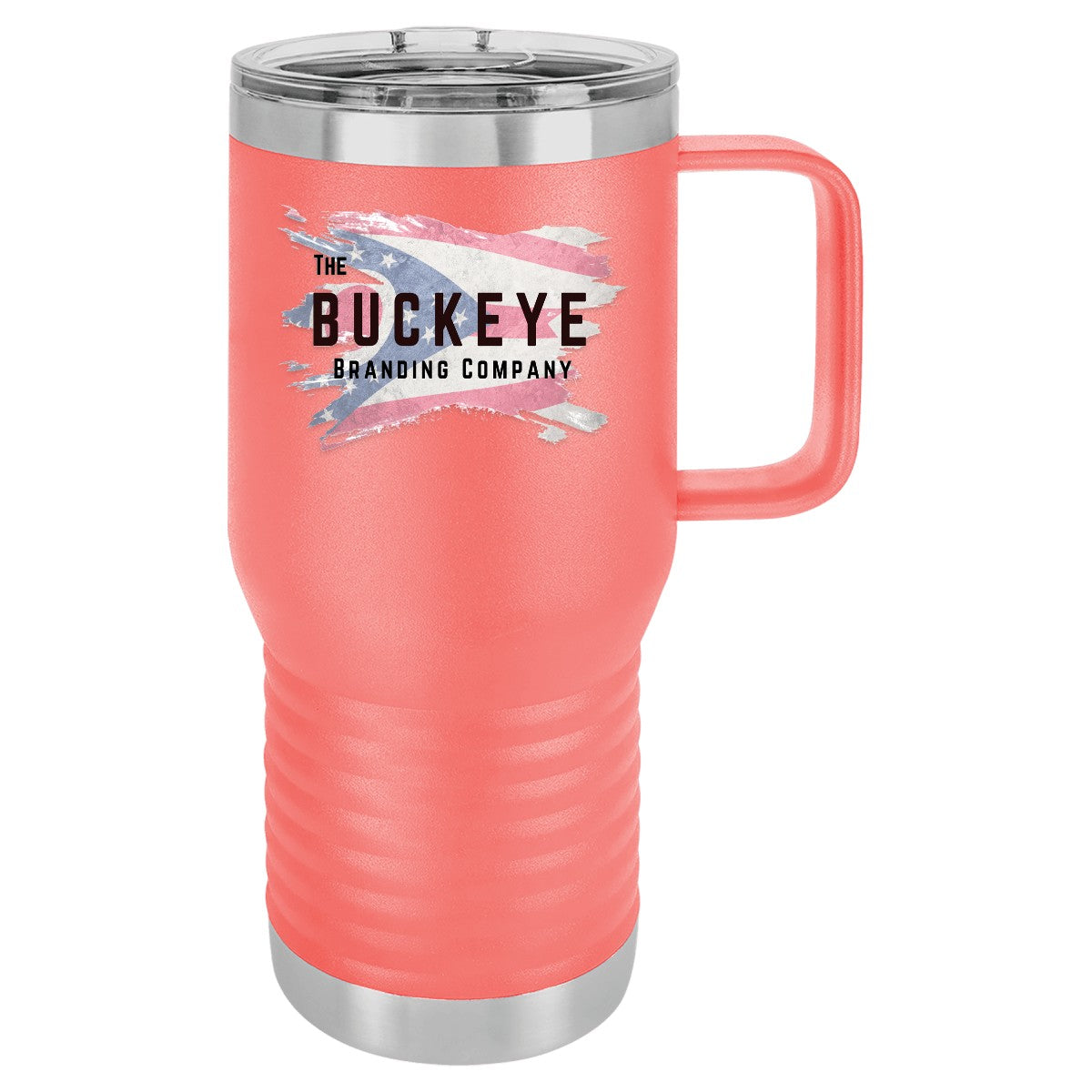 20 oz. insulated coffee travel mug in Coral, UV printed with a full-color sample logo