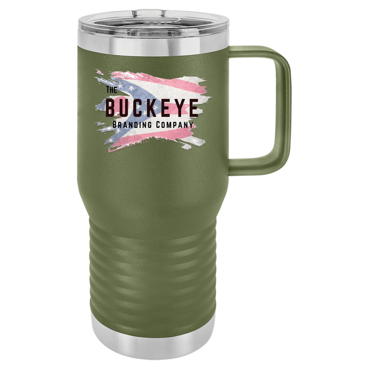 20 oz. insulated coffee travel mug in Olive Green, UV printed with a full-color sample logo