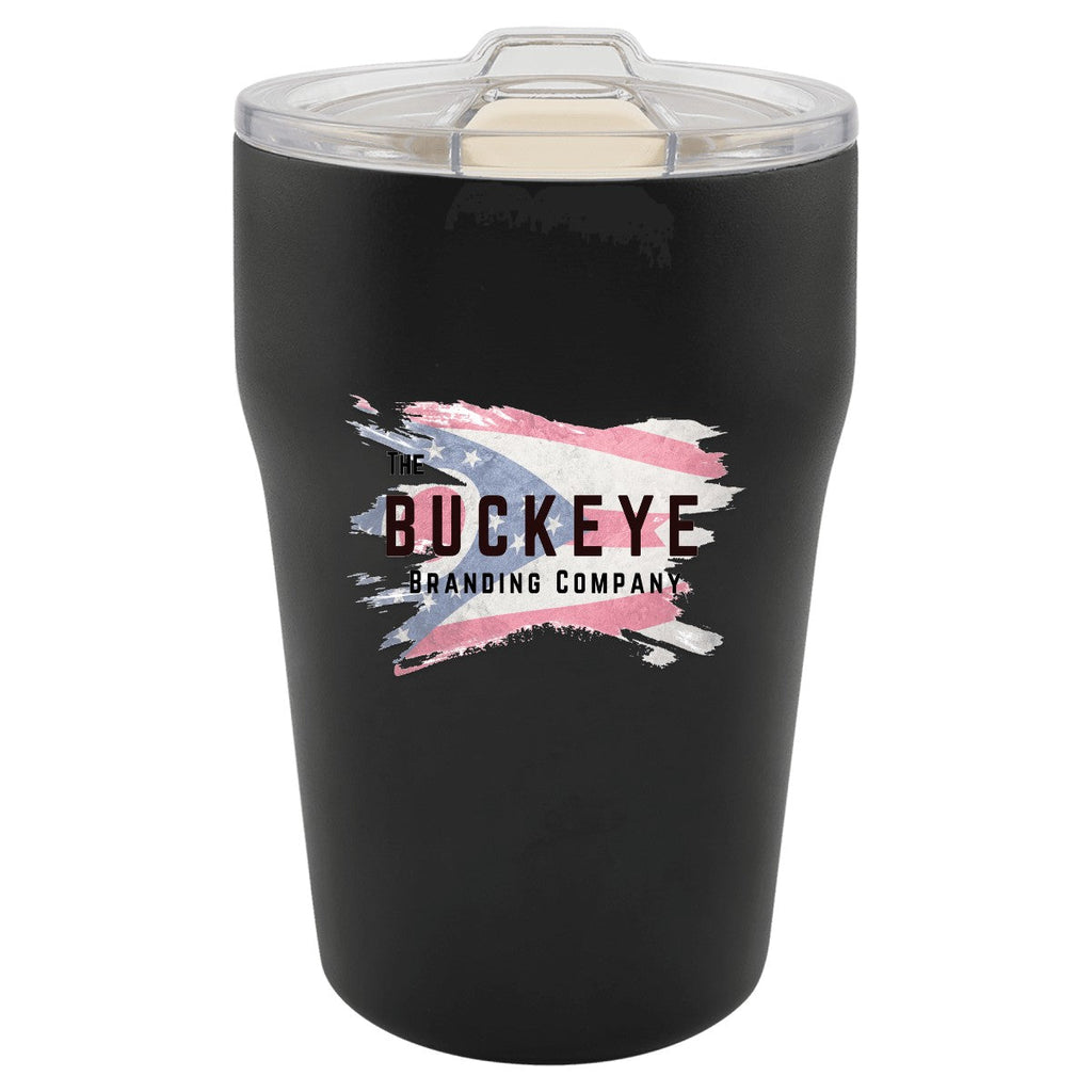 13 oz. ceramic-lined stackable tumbler in Black, UV printed with a full-color sample logo
