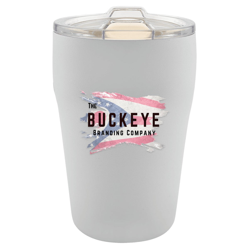 13 oz. ceramic-lined stackable tumbler in White, UV printed with a full-color sample logo