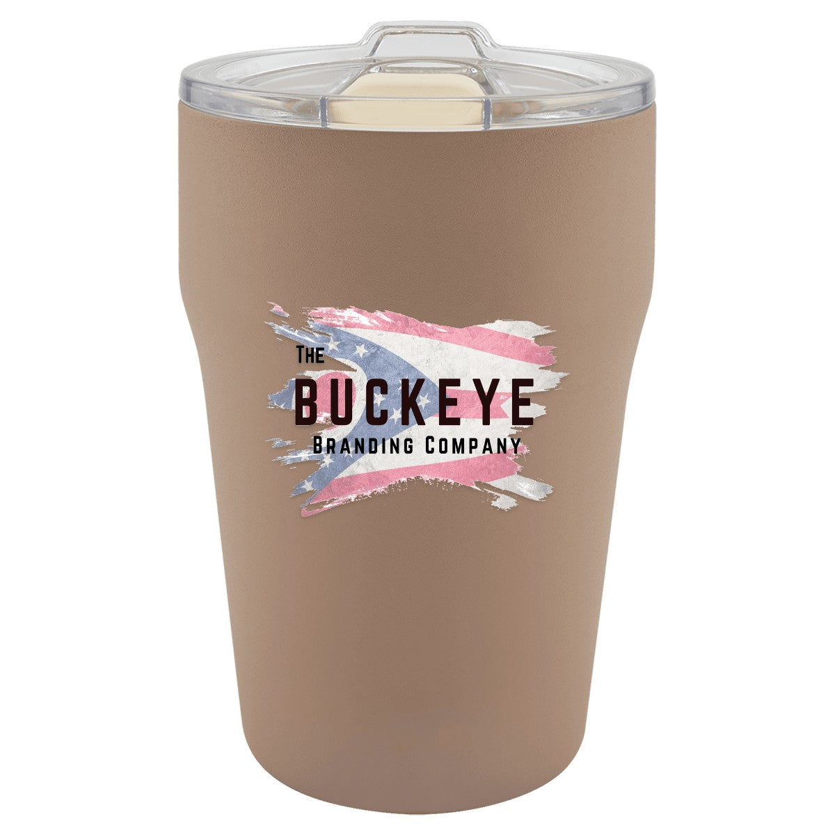 13 oz. ceramic-lined stackable tumbler in Clay, UV printed with a full-color sample logo