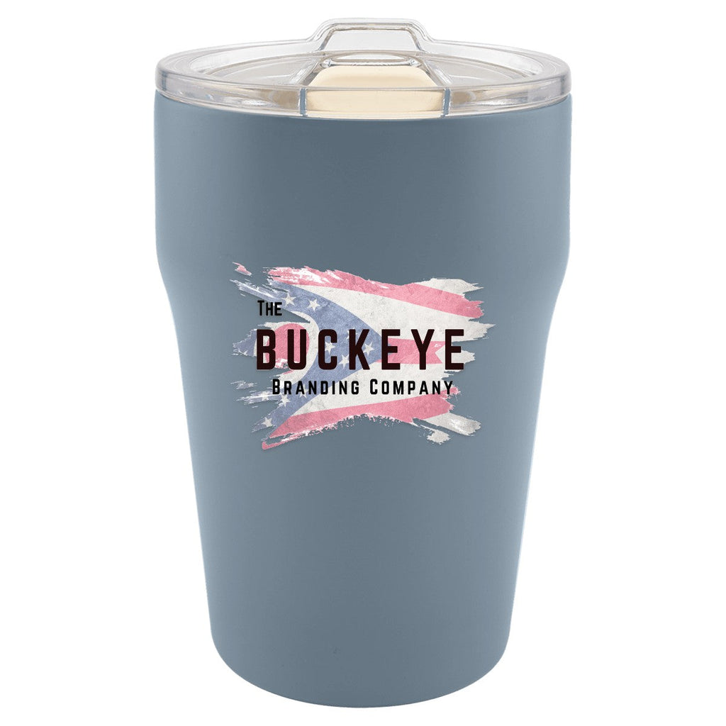 13 oz. ceramic-lined stackable tumbler in Dusty Blue, UV printed with a full-color sample logo