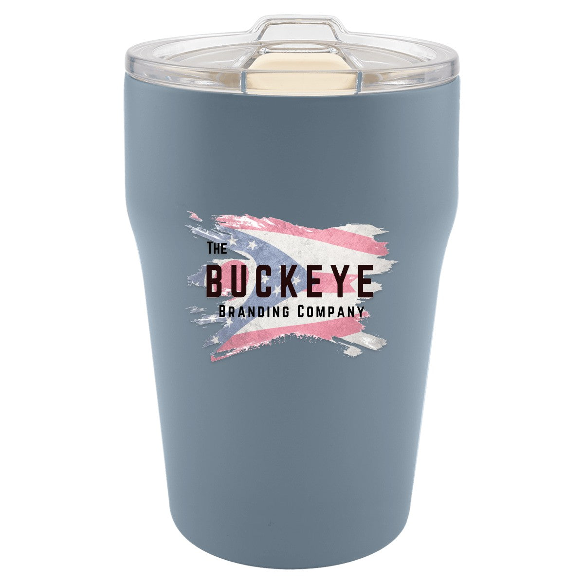 13 oz. ceramic-lined stackable tumbler in Dusty Blue, UV printed with a full-color sample logo